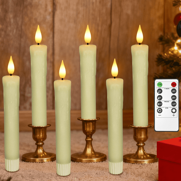 PChero Real Wax LED Flameless Taper Candles with Remote Timer, 6.4inch Battery Operated Taper Candles, LED Fake Drip Electric Candlesticks with 3D Flickering Flame for Party Home Decor, Ivory