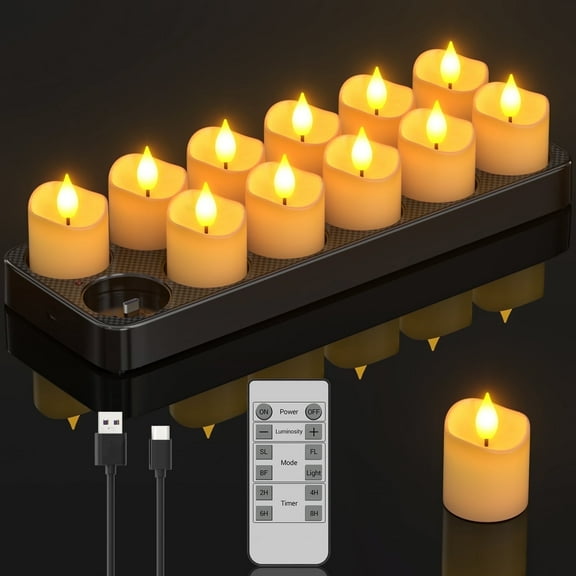 PChero Rechargeable Candles with Remote Timer ,12pcs Flameless Candles LED Votive Candles with Charging Base, Battery Tea Lights Flickering Electric Fake Small Candles for Table Wedding Home Decor