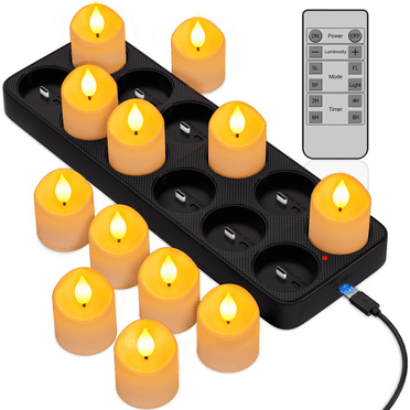 PChero Rechargeable Candles with Remote Timer ,12pcs Flameless Candles LED Votive Candles with Charging Base, Battery Tea Lights Flickering Electric Fake Small Candles for Table Wedding Home Decor