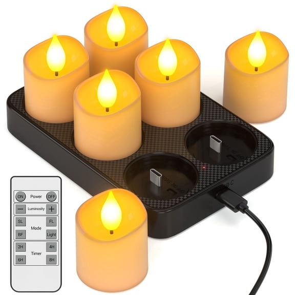 PChero Rechargeable Candles with Remote Timer, 6pcs Flameless LED Votive Candles with Charging Stations,Battery Operated Tealight Flickering Electric Fake Small Candles for Table Wedding Home Decor