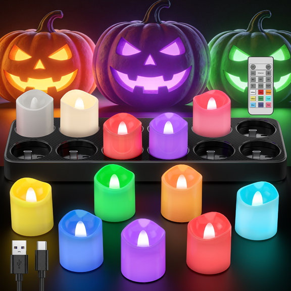 PChero Rechargeable Candles Color Changing Tea Lights with Remote & Timer , 12pcs Flameless led Votives Candles with Charging Base, Battery Tealights for Halloween Christmas Party Decor, 9 RGB Mode