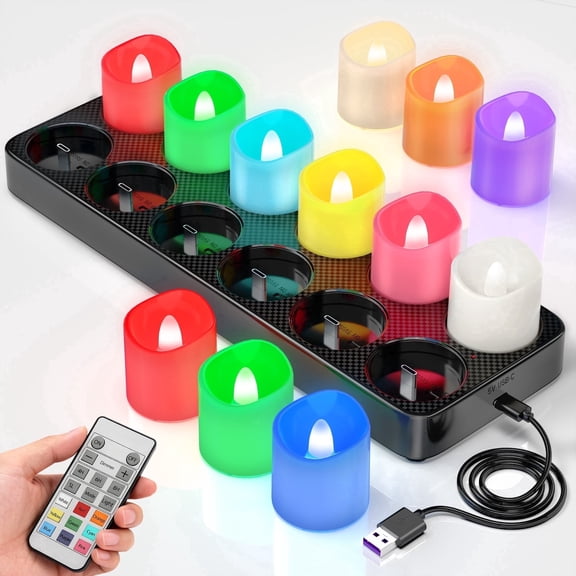 PChero Rechargeable Tea Lights 9-Color Changing with Remote Timer& Charging Base, 12pcs LED Electric Tealights Battery Operated, Flameless Votives Candles for Table Christmas Holiday Home Decor, 1.57