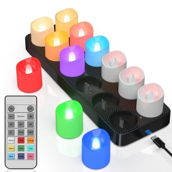 PChero Rechargeable Flameless Candles with Remote Timer & Charging Base, 12 Pack 9 Color Changing Tea Lights Battery Operated, LED Votive Candles for Halloween Pumpkin Christmas Party Home Decor