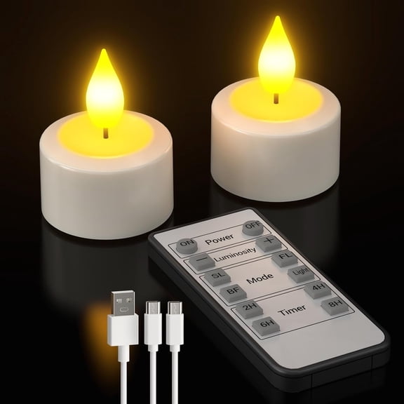 PChero Flameless Rechargeable Tea Lights with Remote Timer, 2pcs Battery Operated LED Votive Tealights, Flickering Electric Fake Candle for Home Decor Halloween Christmas Wedding Table Centerpieces