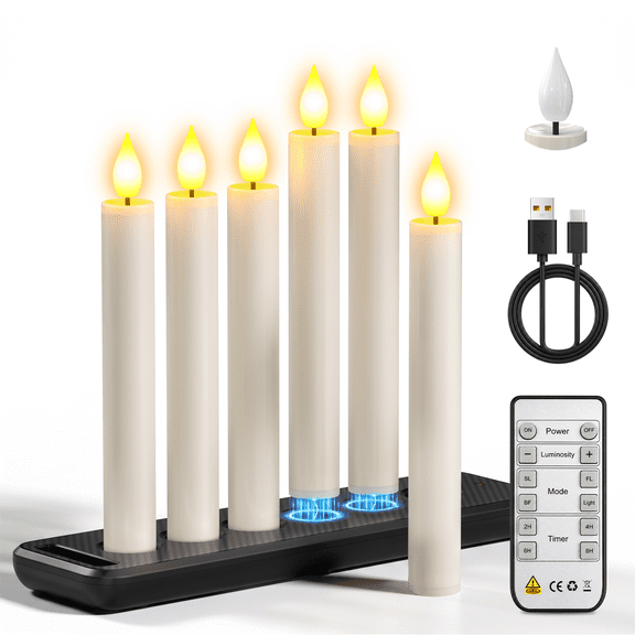 PChero Rechargeable Flameless Taper Candles with Remote Timer & Charging Base, 6pcs LED Candlesticks Flickering, 6.7" Battery Electric LED Taper Candles for Home Wedding Christmas Decor