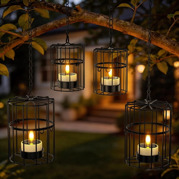 PChero Solar Hanging Lanterns Outdoor Waterproof, Iron Cylindrical Candle Holder with Flickering Solar Powered Tea Lights, Perfect Chargeable Solar Lights for Backyard