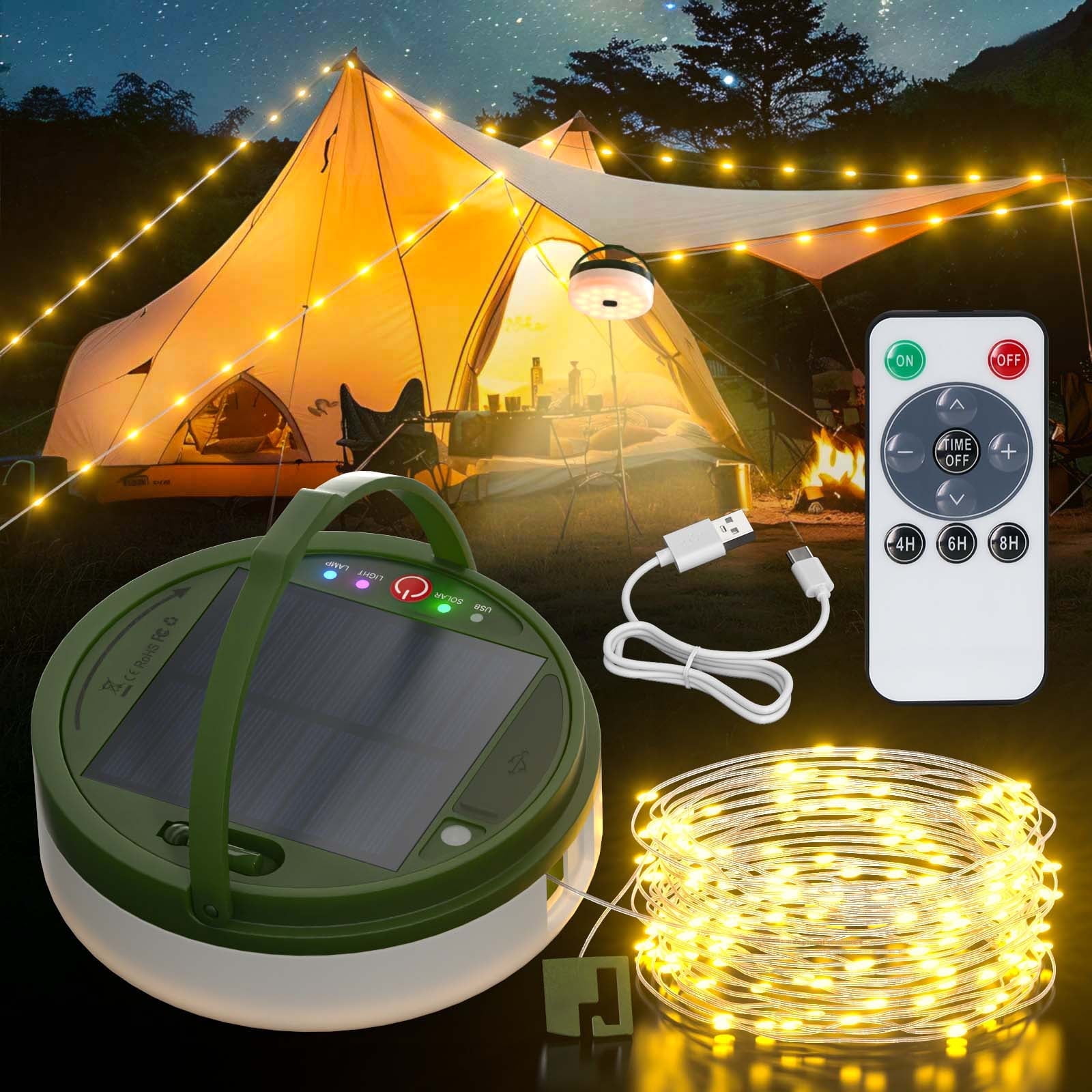 PChero Solar String Lights for Outside Camping, Outdoor Waterproof Lantern Light with Remote Timer, USB & Solar Rechargeable, 100-LEDs 32.8FT Strings & 8 Lighting Modes for Camper Tent RVs Patio