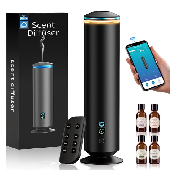 PChero Waterless Essential Oil Diffuser, Scent Diffuser with Smart App & Remote Control, Includes 4 Essential Oils, AC Powered, 1500 sq.ft Coverage for Home Office Hotel, Aluminum Alloy Body, Black