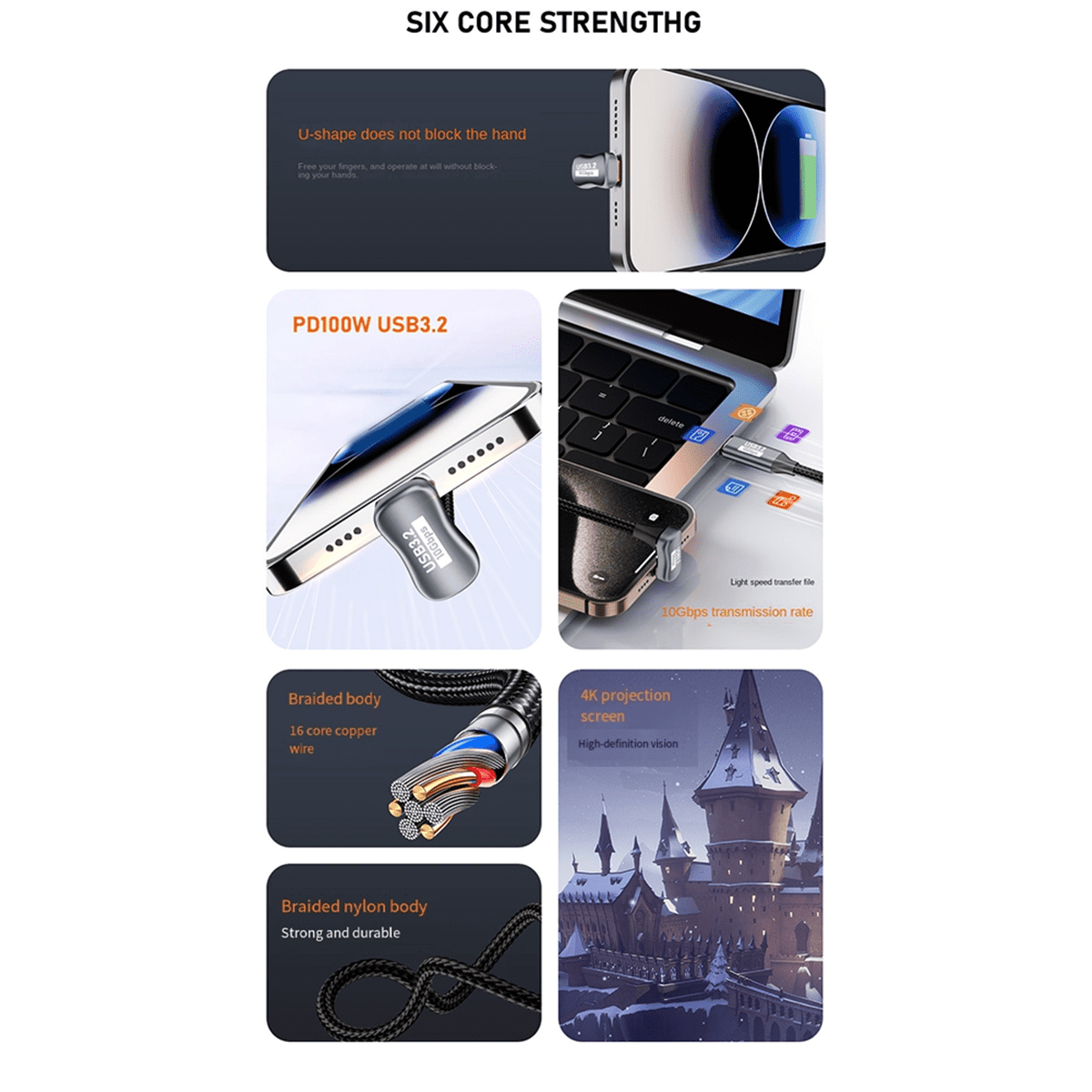 PD 100W USB C to Type C Elbow OTG Data Cord Cable USB 3.2 Gen 2 10Gbps