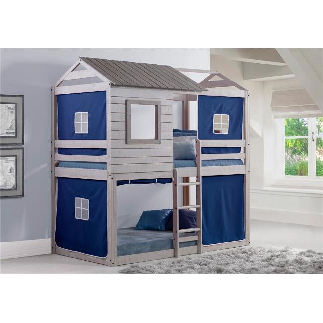 Rustic Light Grey Pine Twin Over Twin Bunk Bed with Blue Tent