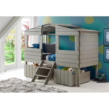 PD-1380TLRG-1381 Twin Size Tree House Loft Bed with Under Bed Drawers, Rustic Grey