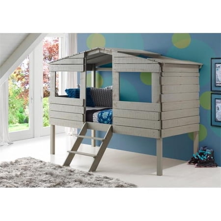 PD-1380TLRG Twin Size Tree House Loft Bed, Rustic Grey