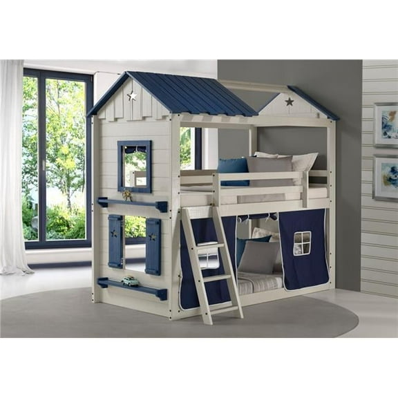 PD-1580TTLGB-1575TB Twin Over Star Gaze Bunk Bed, Grey & Blue with Blue Tent