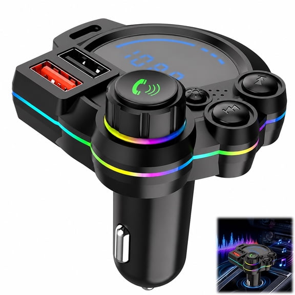 PD 30W Type-C Car Charger Bluetooth 5.3 FM Transmitter,With Dual USB Ports Bass Sound Enhancer,RGB Glowing Radio Adapter,Hands-Free Calls