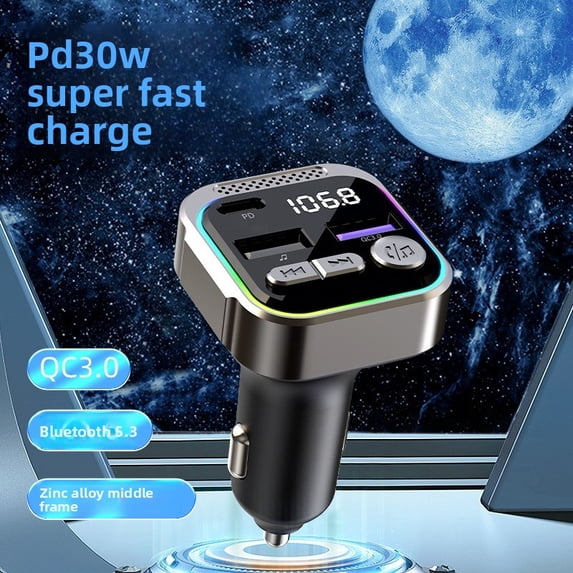 PD 30W USB C Car Charger Bluetooth 5.3 with QC3.0 Fast Charging, Dual USB Multi-Port Adapter, Wireless Music Play, Zinc Alloy Frame, Ambient Light, Compatible with iPhone Android Devices