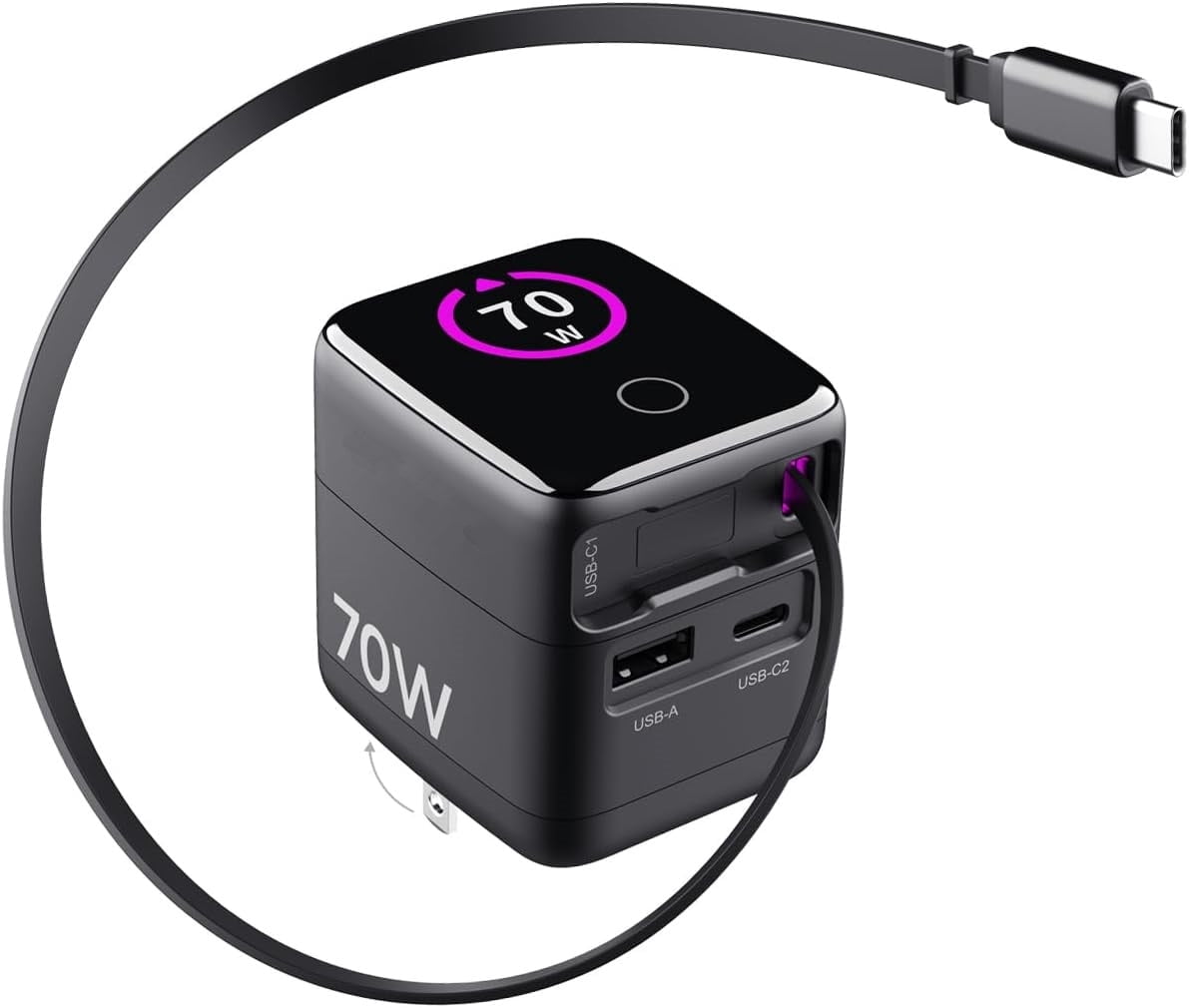 PD 70W/65W GaN USB-C Wall Charger with Retractable Cable and AI Digital Display—Travel Laptop Power Adapter, 45W/25W Fast Charging, Compatible with iPhone 17/16, iPad, MacBook, Galaxy S25, Pixel