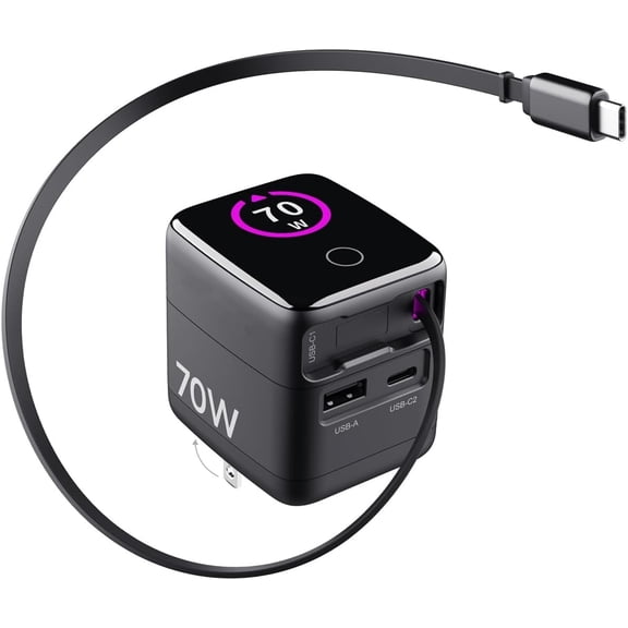 PD 70W/65W GaN USB-C Wall Charger with Retractable Cable and AI Digital DisplayTravel Laptop Power Adapter, 45W/25W Fast Charging, Compatible with iPhone 17/16, iPad, MacBook, Galaxy S25, Pixel