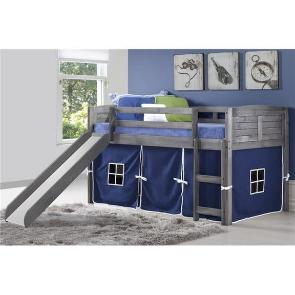 PD-790AAG-B-785AG Twin Size Louver Low Loft with Slide & Blue Tent in Antique Grey