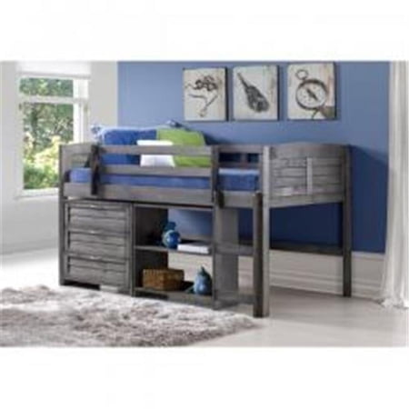 PD-790AAG-Modular-C3 Twin Size Louver Low Loft with 3 Drawer Chest & Small Bookcase - Antique Grey Stain