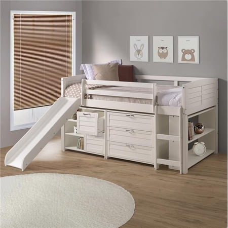 PD-790AW-C1-785W Twin Size Louver Low Loft in White with Slide, 3 Drawer Chest, 2 Drawer Chest with Shelves & Bookcase