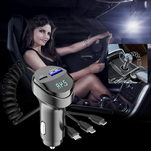PD Fast Car Charger 3-in-1 Charging Cable | High Power Fast Charge Plug Dual USB & Type-C Adapter | Multi-Device Rapid Charging, Overcurrent Protection, 5 Device Support
