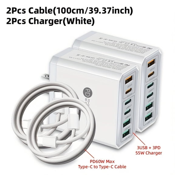 PD Fast Charging Charger & Cable 2 Set Packs, Total 55W Max 6 Ports Mobile Phone Fast Charging Adapter, with 60W Max Fast Charging PD Data Cable, Fast Charging for iPhone for iPad for Samsung