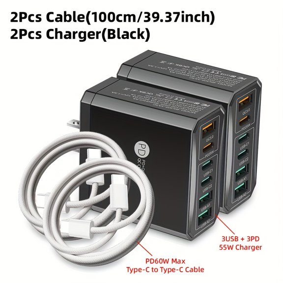 PD Fast Charging Charger & Cable 2 Set Packs, Total 55W Max 6 Ports Mobile Phone Fast Charging Adapter, with 60W Max Fast Charging PD Data Cable, Fast Charging for iPhone for iPad for Samsung