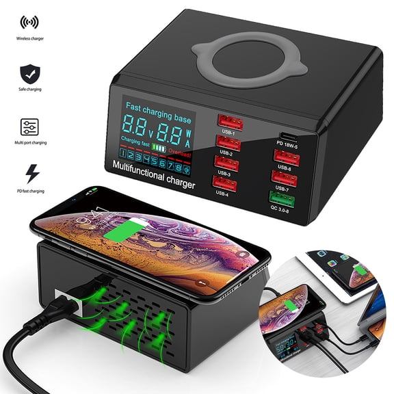PD Fast Charging LED Color Display Wireless Charging QC3.0 8 USB Ports, Cable & Charger