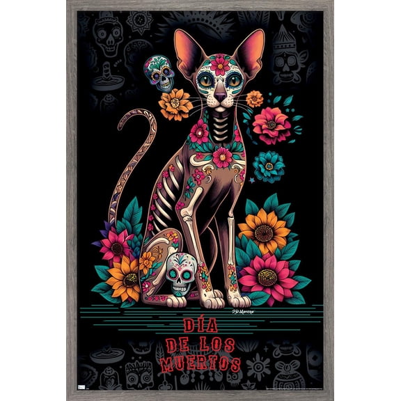 PD Moreno - Day Of the Dead Cat Wall Poster, 14.725" x 22.375" Framed