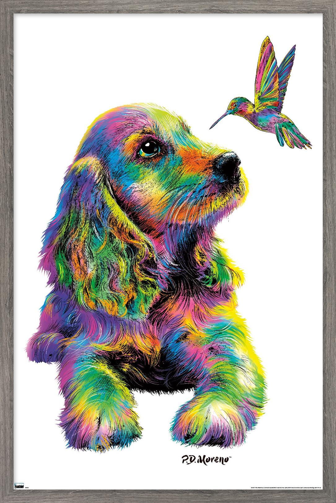 PD Moreno - Dog and Hummingbird Wall Poster, 22.375" x 34", Framed