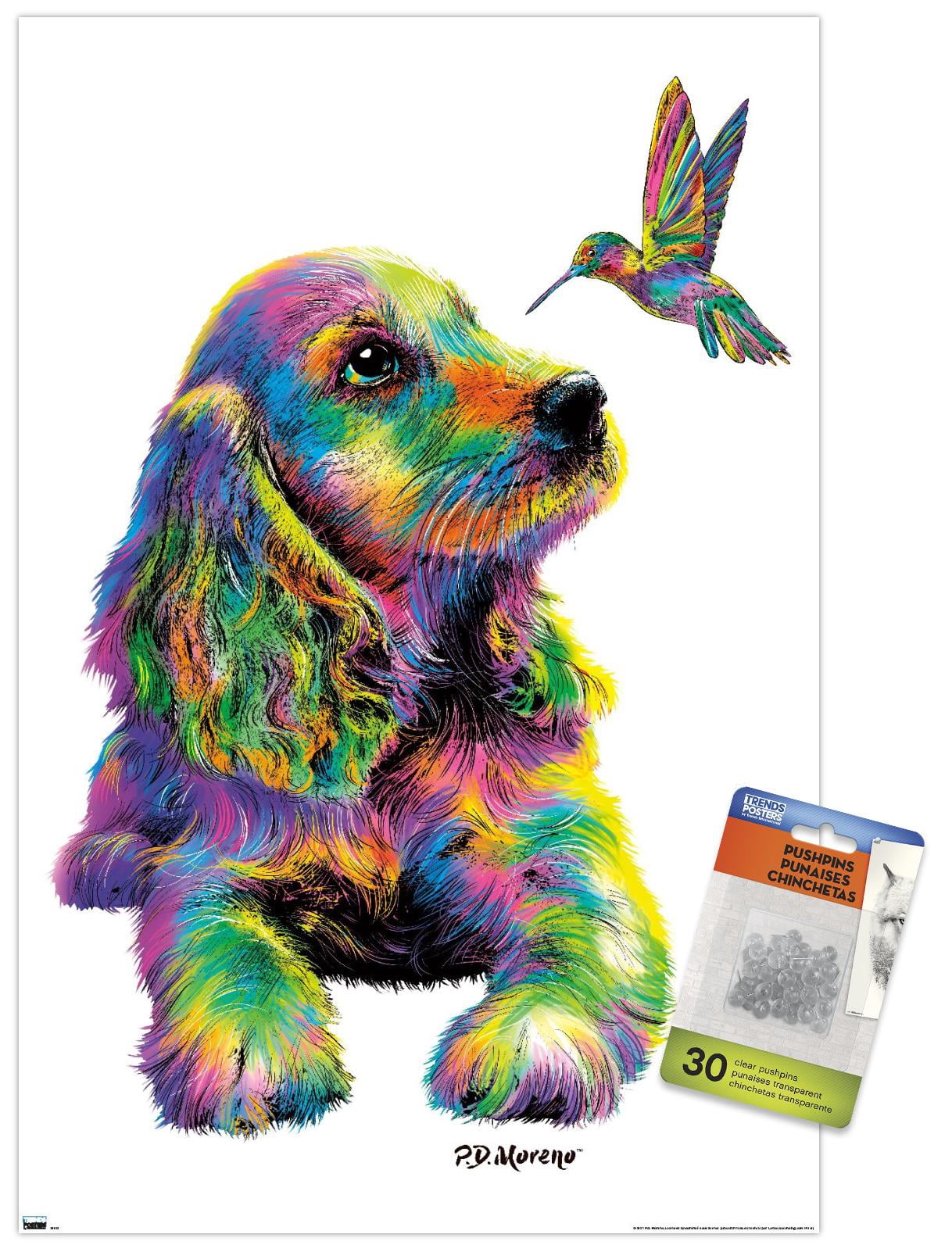 PD Moreno - Dog and Hummingbird Wall Poster with Pushpins, 14.725" x 22.375"