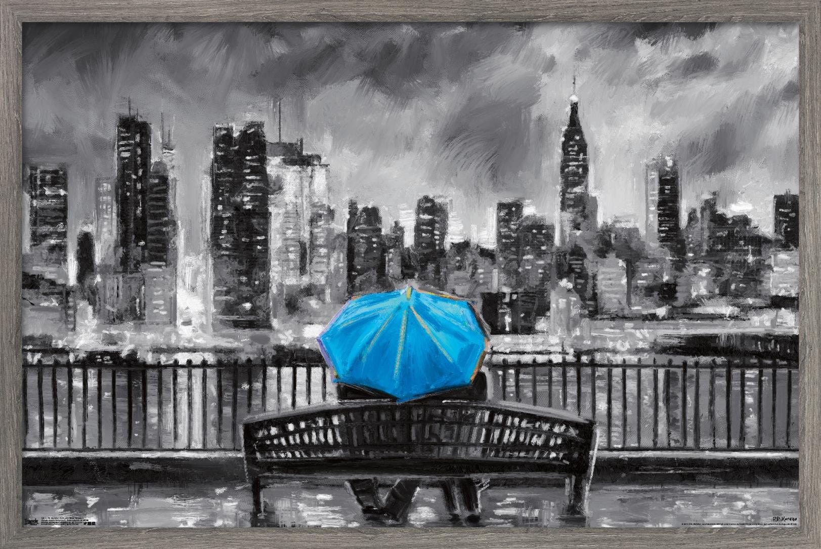 PD Moreno - Fine Art - Blue Umbrella Wall Poster, 14.725" x 22.375" Framed