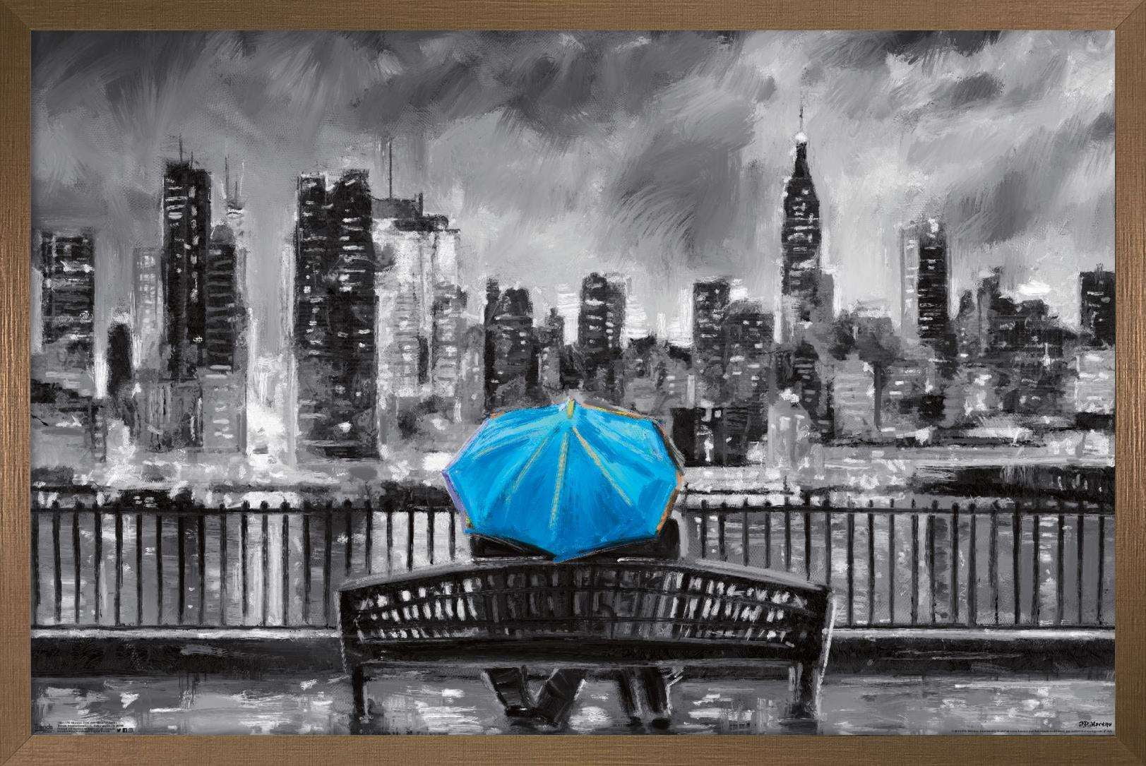 PD Moreno - Fine Art - Blue Umbrella Wall Poster, 14.725" x 22.375", Framed