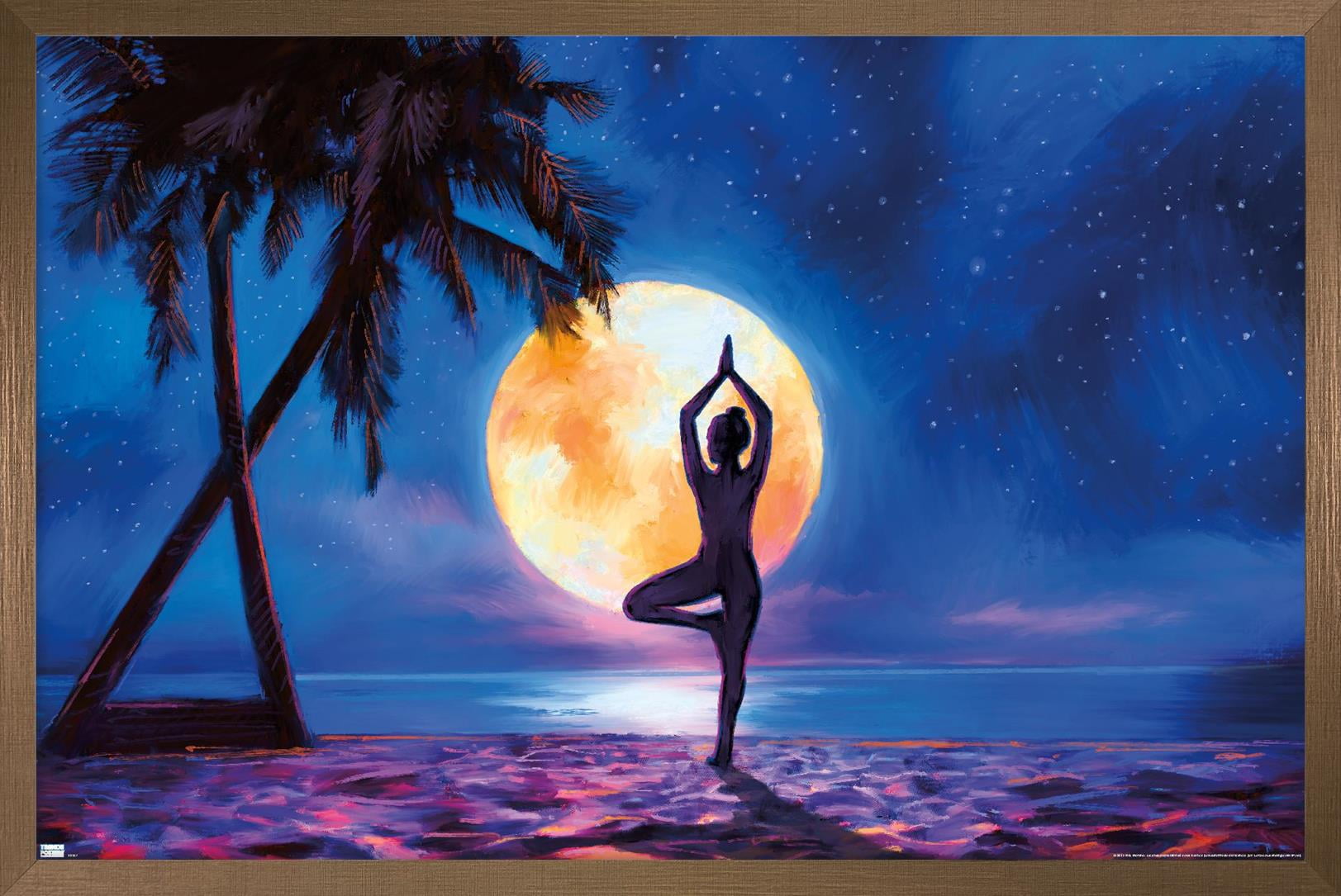 PD Moreno - Fine Art - Yoga Moonlight Beach Wall Poster, 14.725" x 22.375" Framed