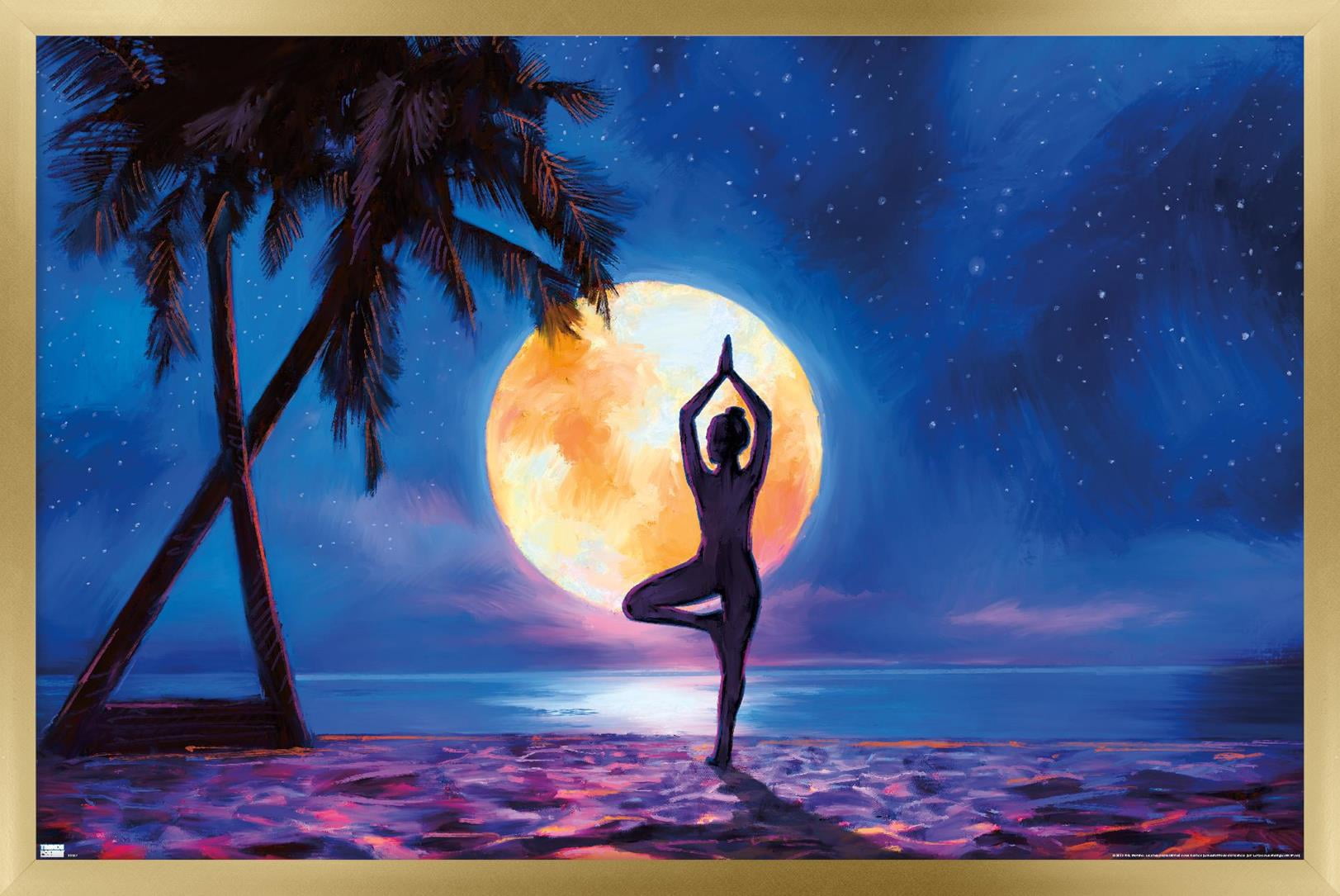 PD Moreno - Fine Art - Yoga Moonlight Beach Wall Poster, 14.725" x 22.375" Framed