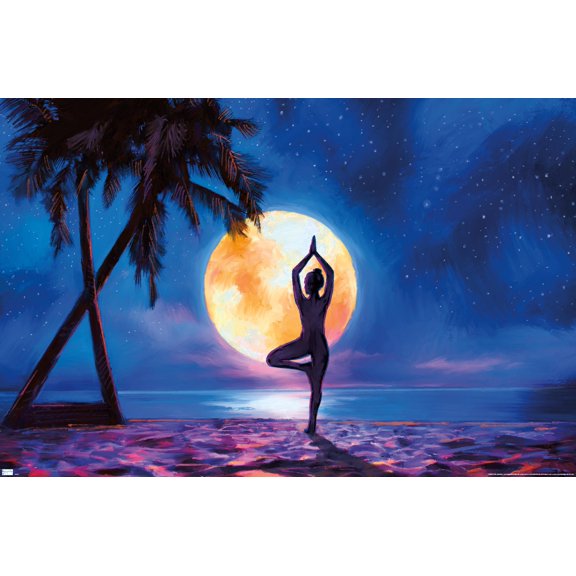 PD Moreno - Fine Art - Yoga Moonlight Beach Wall Poster, 14.725" x 22.375"