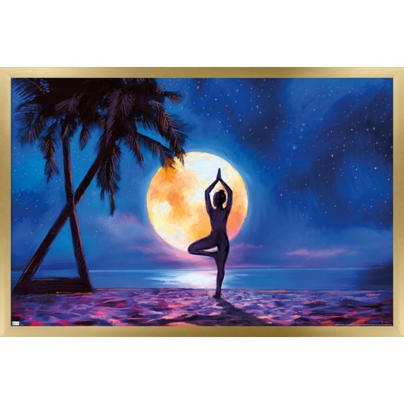 PD Moreno - Fine Art - Yoga Moonlight Beach Wall Poster, 22.375" x 34" Framed