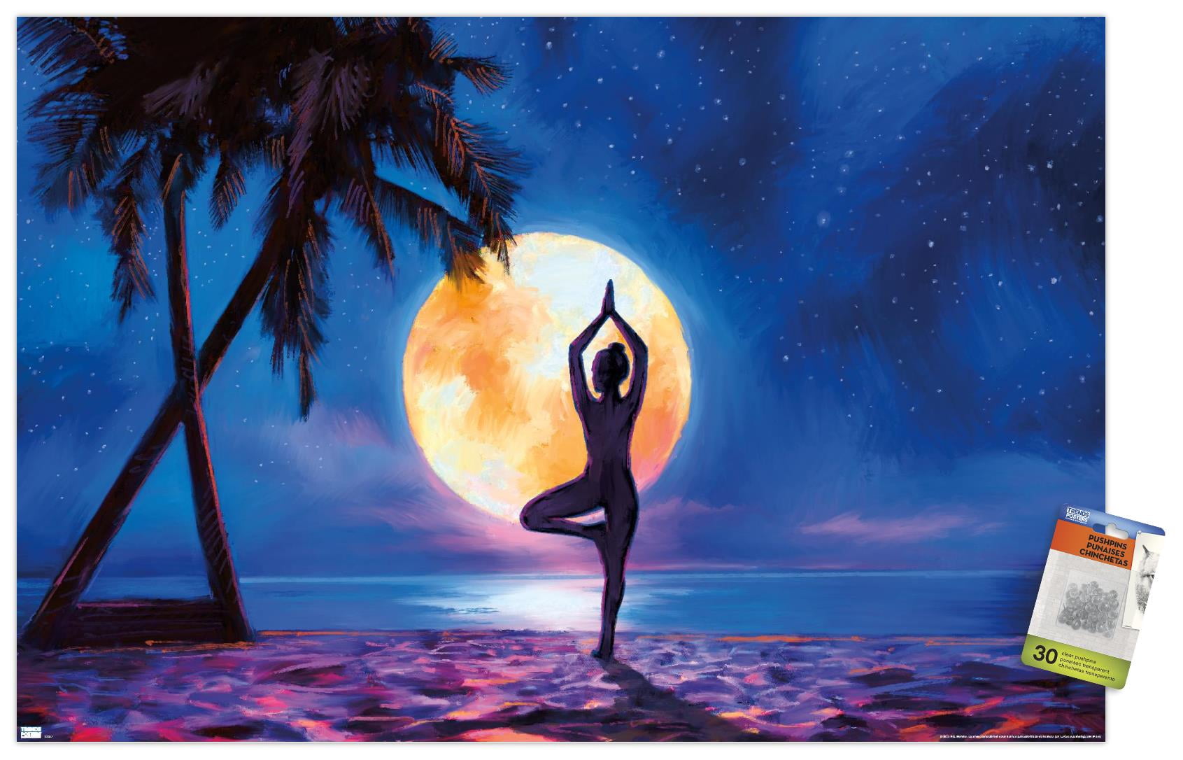 PD Moreno - Fine Art - Yoga Moonlight Beach Wall Poster with Pushpins, 22.375" x 34"