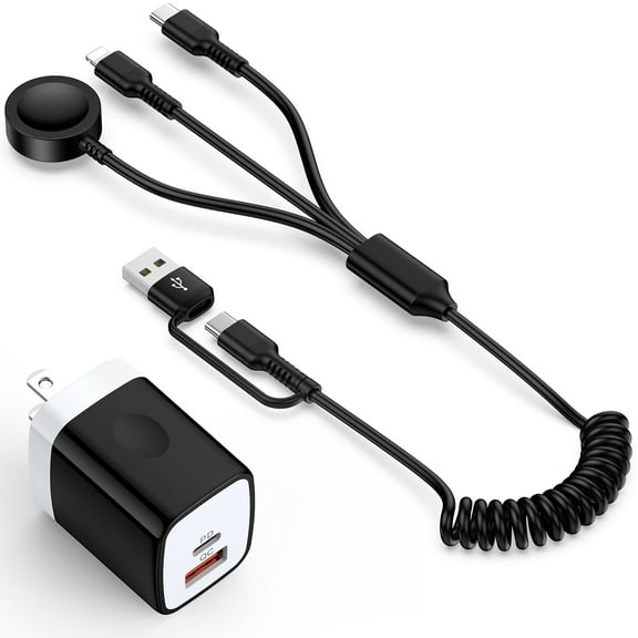 3 in 2 Charging Cable Compatible for Watch Charger, Magnetic Wireless Watch Coiled Charger Cable 4FT with 20W Charger Block, Smart i-Watch Charger Cable Compatible for iWatch, iPhone, Android, Black
