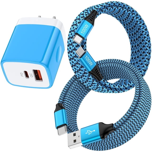 PD & QC Dual Port Type C Charger Block Fast Wall Charger with 2Pcs 6FT Braided Cable, Power Adapter Compatible with iPhone 17/16/15 Pro Max iPad Pro Galaxy S26 Android, Blue