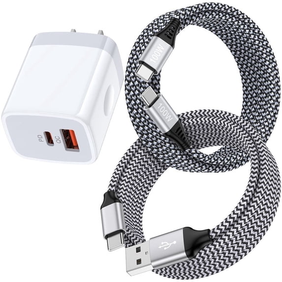 PD & QC Dual Port Type C Charger Block Fast Wall Charger with 2Pcs 6FT Braided Cable, Power Adapter Compatible with iPhone 17/16/15 Pro Max iPad Pro Galaxy S26 Android, White