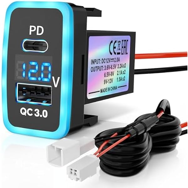 PD+QC3.0 Dual USB Car Charger for Toyota, Type C USB Port Socket Fast Charging with LED Voltage Display & Frame Light, Car Power Socket for Cellphone PDA Laptop GPS (1.6''×0.9'')