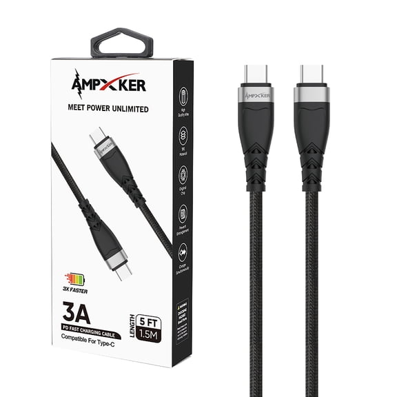 PD Type C - Cable - 3 AMP - Fast Charging - Nylon Braided Aluminium Alloy - Black (Lane A6 - item#2)