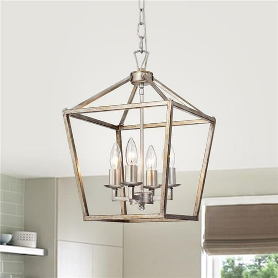 PD006-4AS 4-Light Open Metal Cage Cohen Lantern Chandelier, Antique Silver