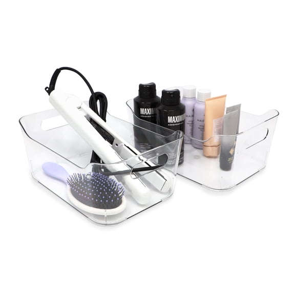 Isaac Jacobs Sloped Clear Bin Organizers with Handles, Small, 2-Pack – Stackable Plastic Storage Bins for Kitchen, Pantry, Fridge, and Home Organization