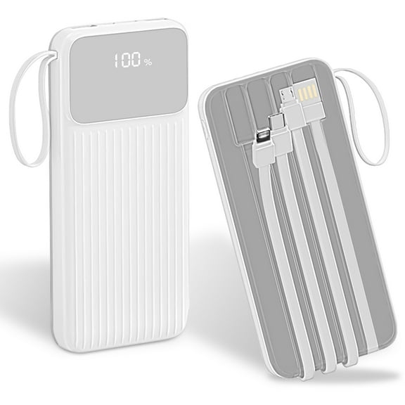 PD22.5W Fast Charger TeqHome 20000mAh Fast Charging Power Bank with 4 Inbuilt Cables Digital Display Handle Fit For IOSPhone 15/14 Android Phone White
