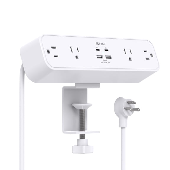 PD30W Desk Clamp Power Strip, Desktop Mount Surge Protector, Fast Charging Station, 5Ft Extension Cord Desk Edge Mount Shelf with 4 Outlets 4 USB Ports (2 USB C), Home Office Accessories Essentials