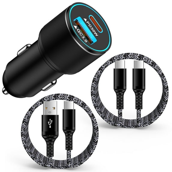 PD30W+QC18W Car Charger with 2 Pack 6FT USB C Cables, Cigarette Lighter USB Car Charger Fast Charging, Type C Cable Cord USB C to C Cable, Car Phone Charger Adapter for iPhone 16/15, SamSung, Black