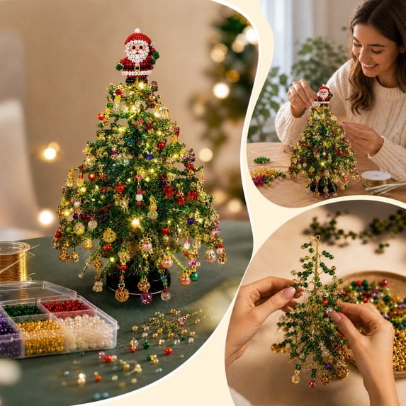 PD7VCT 2027 New DIY Beaded Christmas Tree Kit, Handmade Mini Desk Xmas Bead Art, Create Your Own Sparkling Holiday Decor, 3D Crystal Bead Christmas Tree Making Kit, Holiday Tabletop Decoration
