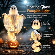 PD7VCT Swirling Ghost Pumpkin Yard Light, Illuminated Pumpkin Lantern with Swirl Ghost Figure, Halloween Outdoor Light Up Decor with Warm LED for Lawn & Porch